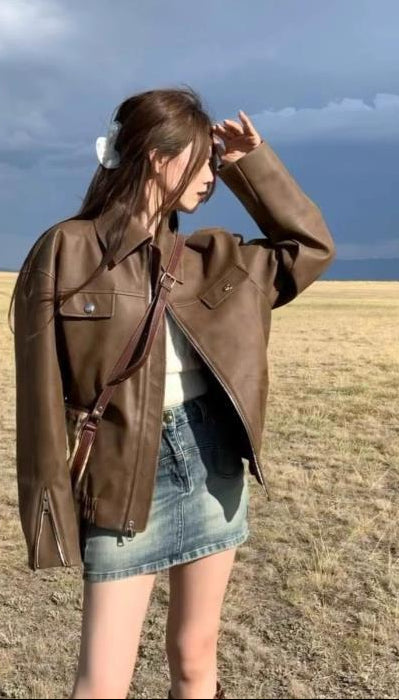 Women's Casual American Retro Solid Color Loose Leather Coat